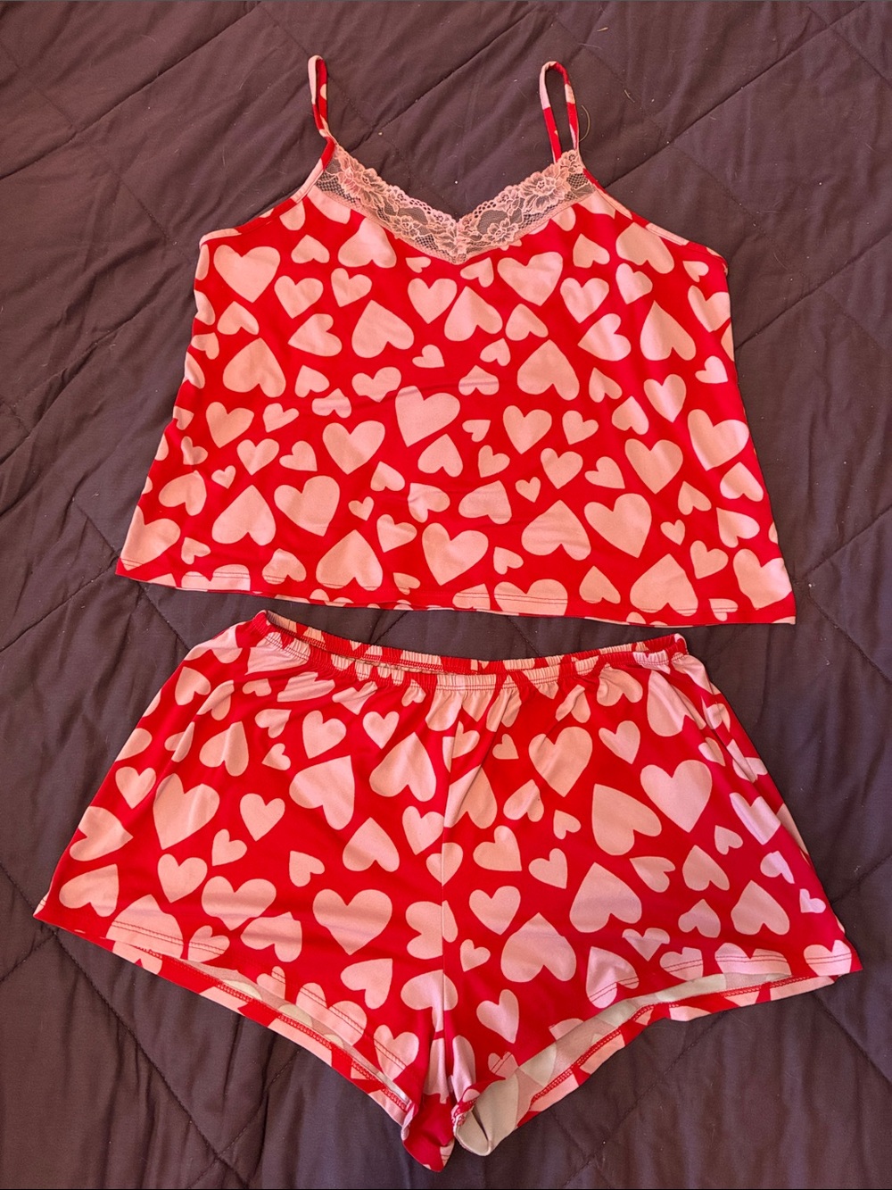 Red & Pink Heart Satin Cami and Short Sleep Set